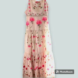 Beige Clover Print Pink Green w/ Beaded Straps Womens Small Floral Maxi Sundress